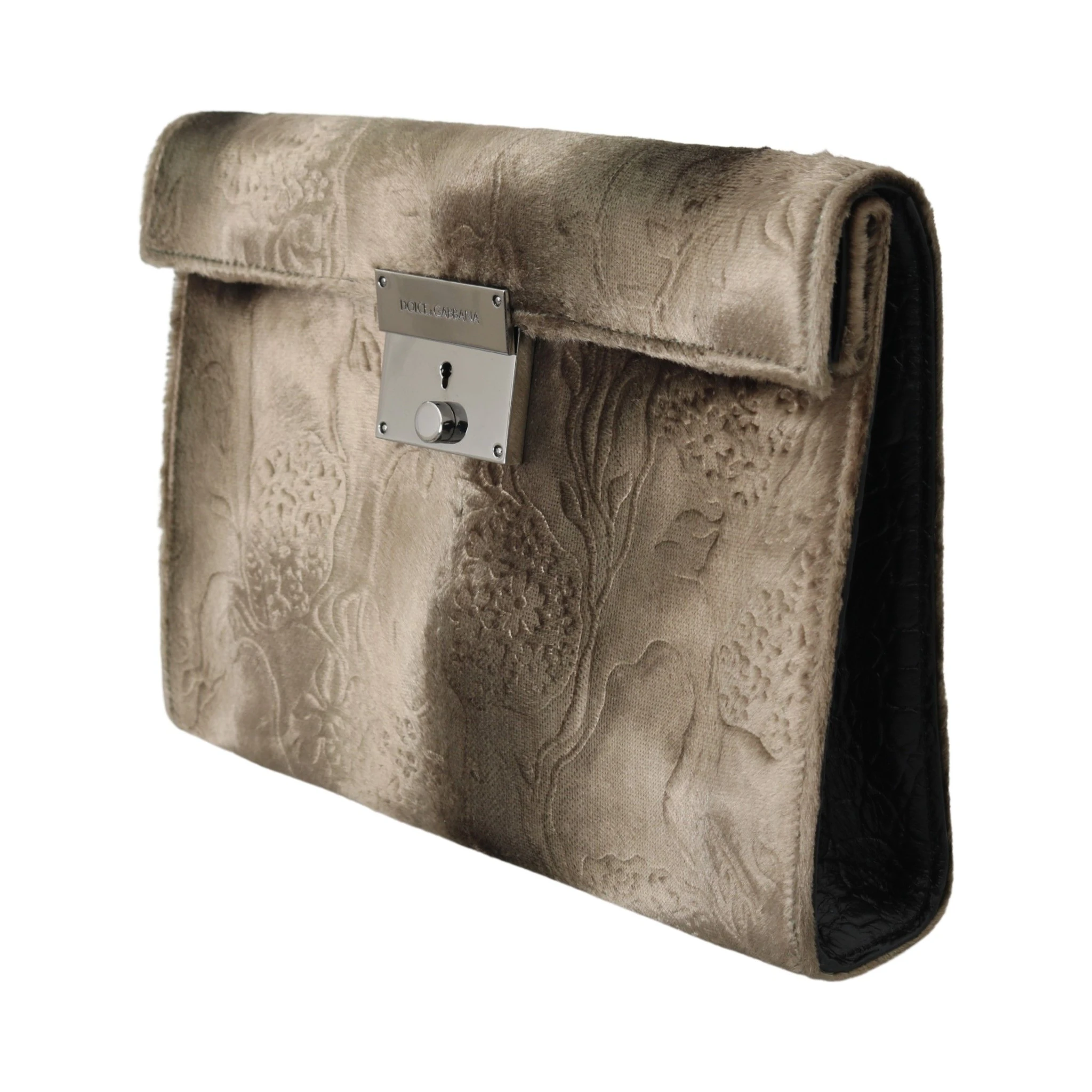 Beige Velvet Floral Leather Men Document Briefcase