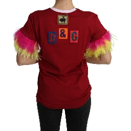 Red Pig Print Feather Sleeves T-shirt Top