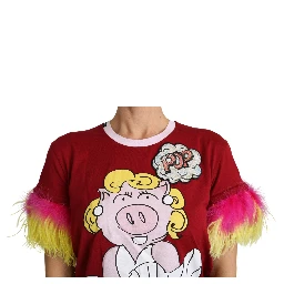 Red Pig Print Feather Sleeves T-shirt Top