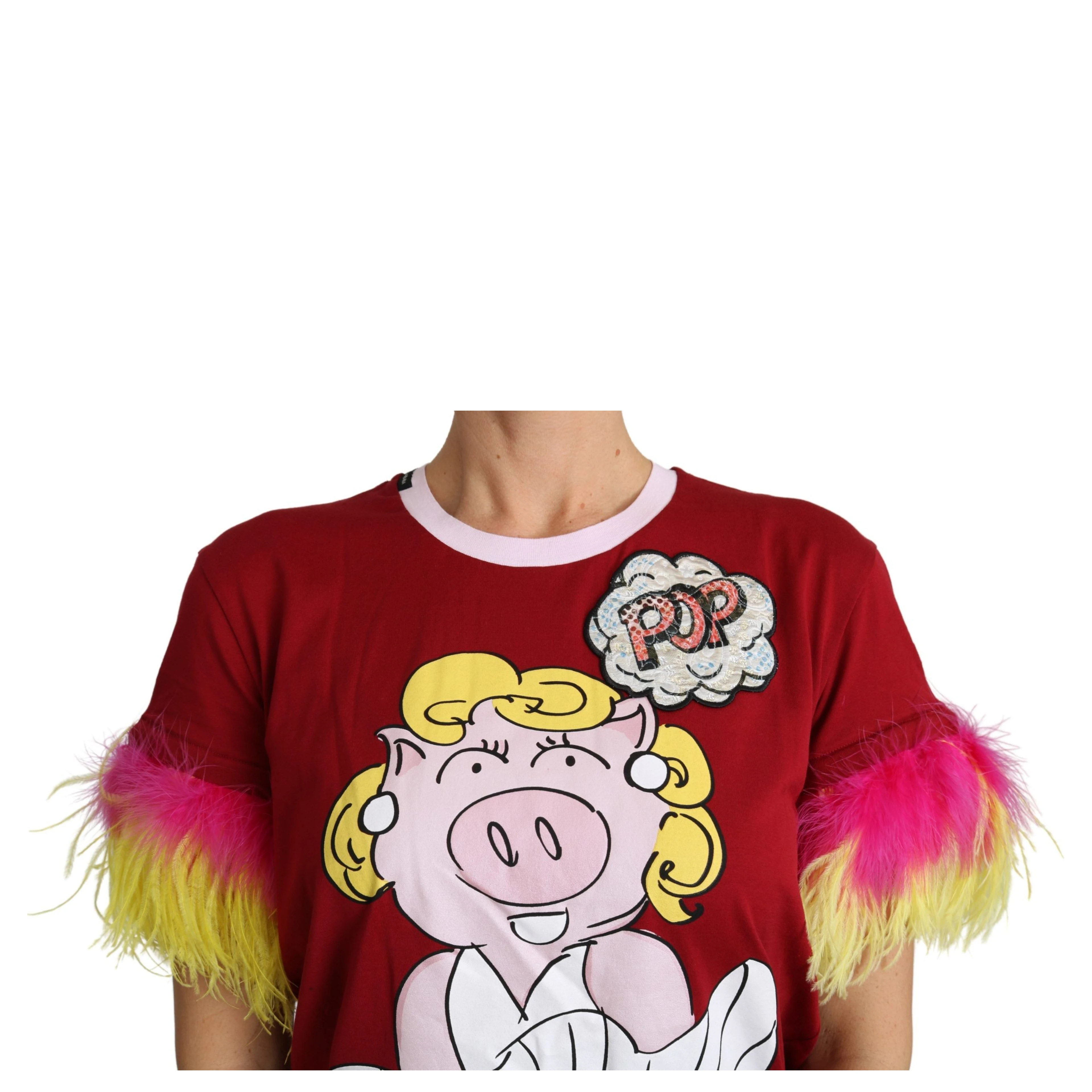 Red Pig Print Feather Sleeves T-shirt Top