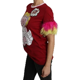 Red Pig Print Feather Sleeves T-shirt Top
