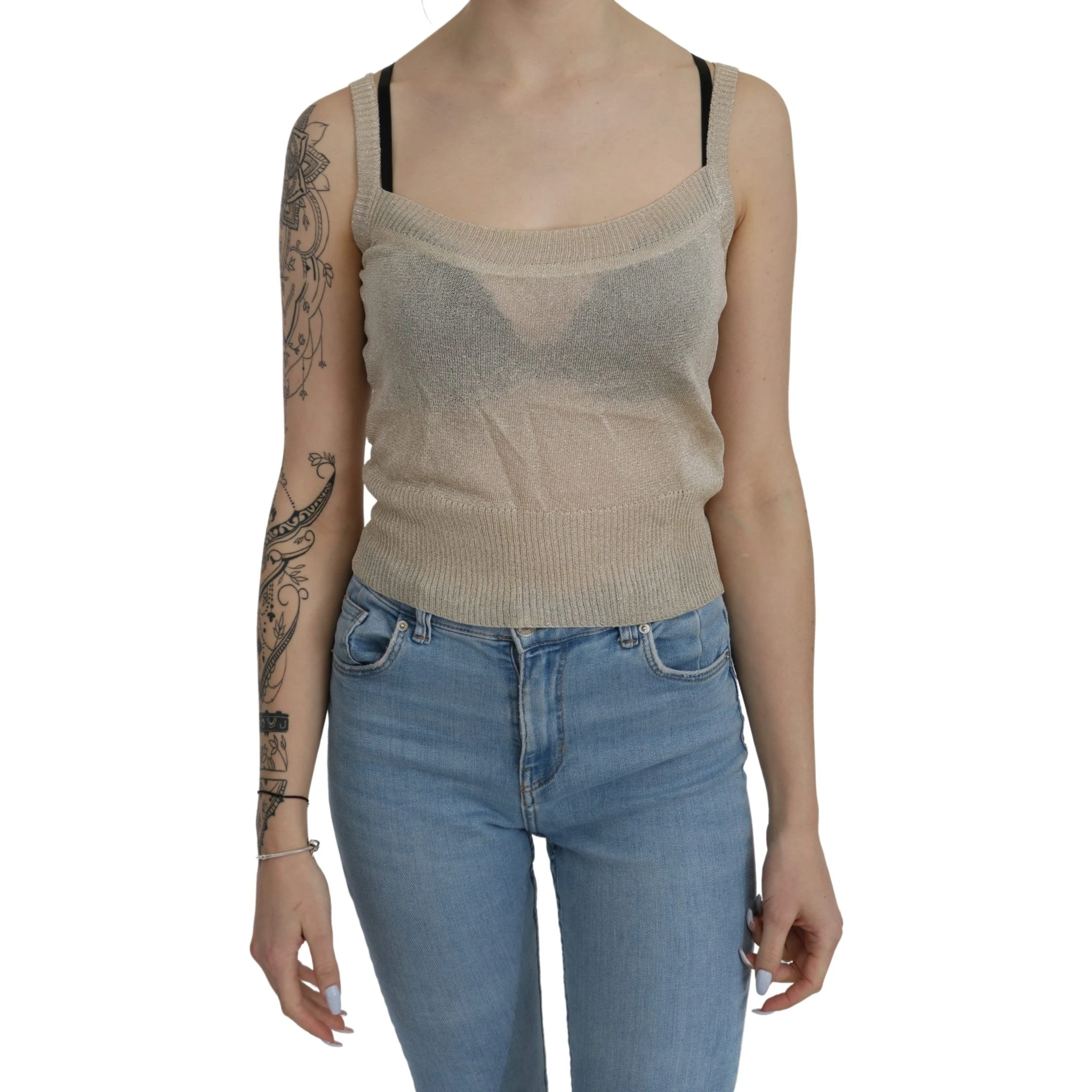 Beige Sleeveless Spaghetti Strap Tank See Through Top