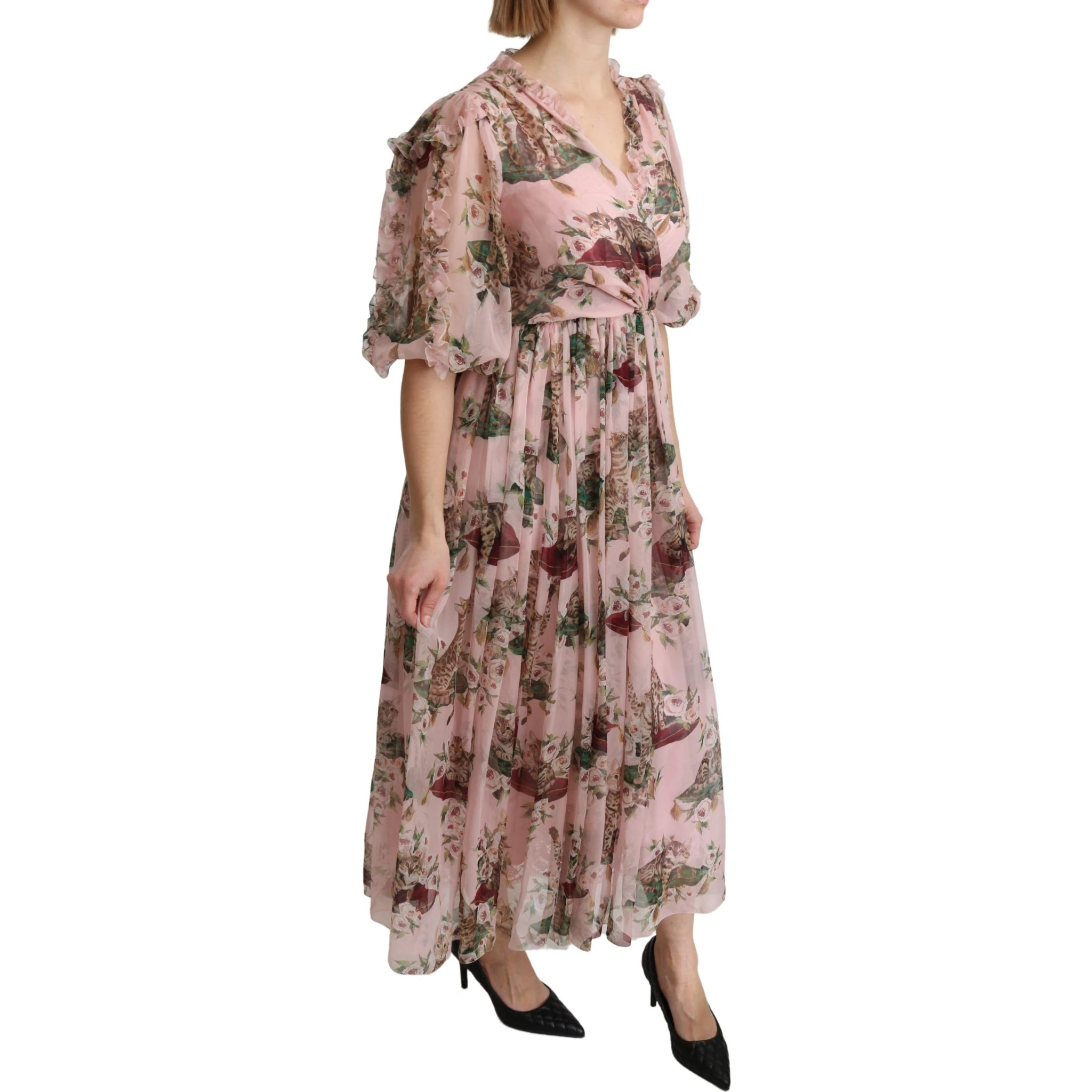 Pink Bengal Cat Print A-line Maxi Silk Dress