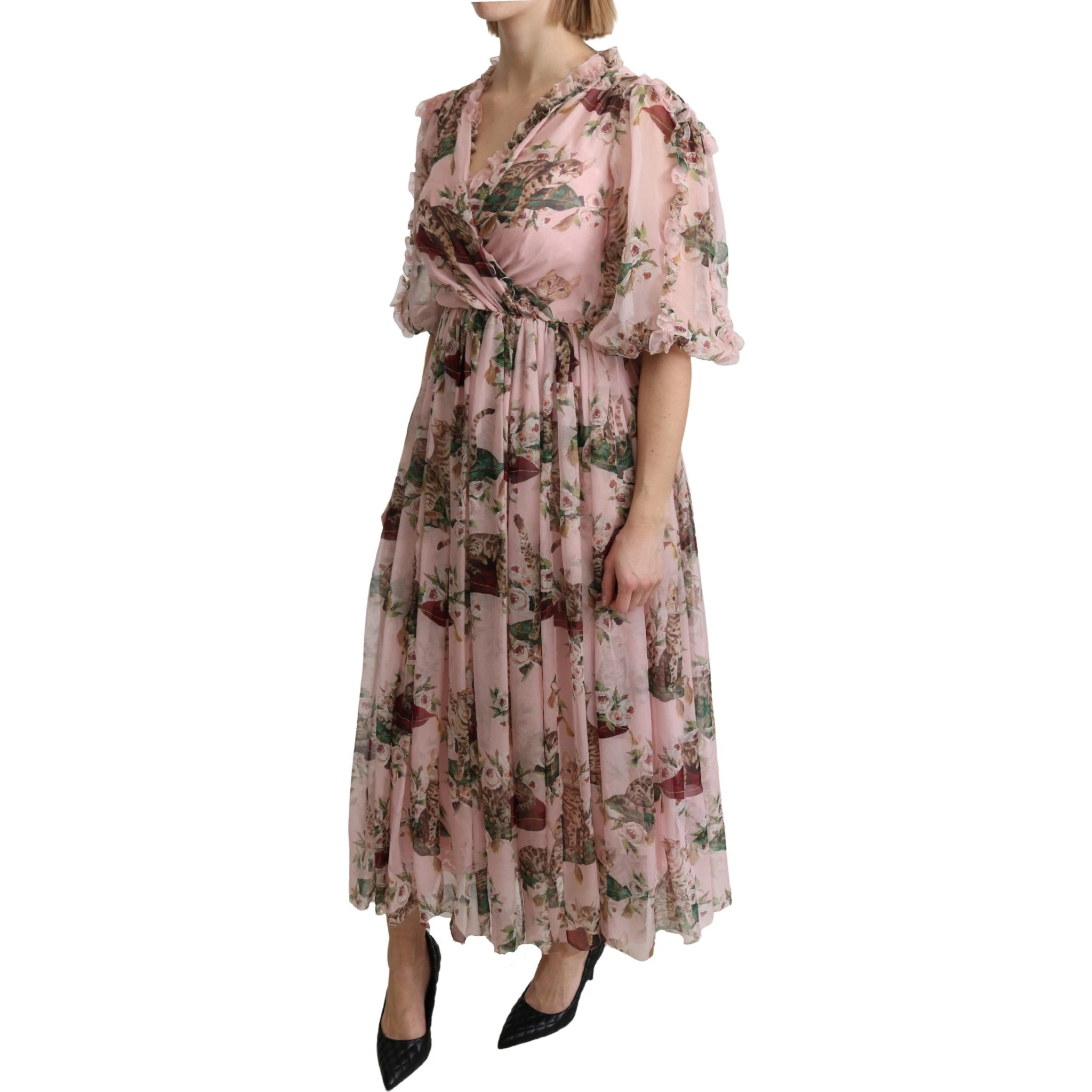 Pink Bengal Cat Print A-line Maxi Silk Dress