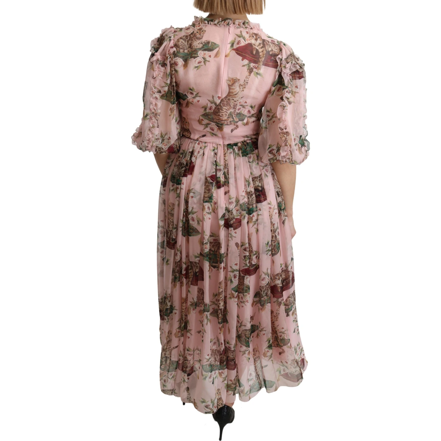 Pink Bengal Cat Print A-line Maxi Silk  Dress
