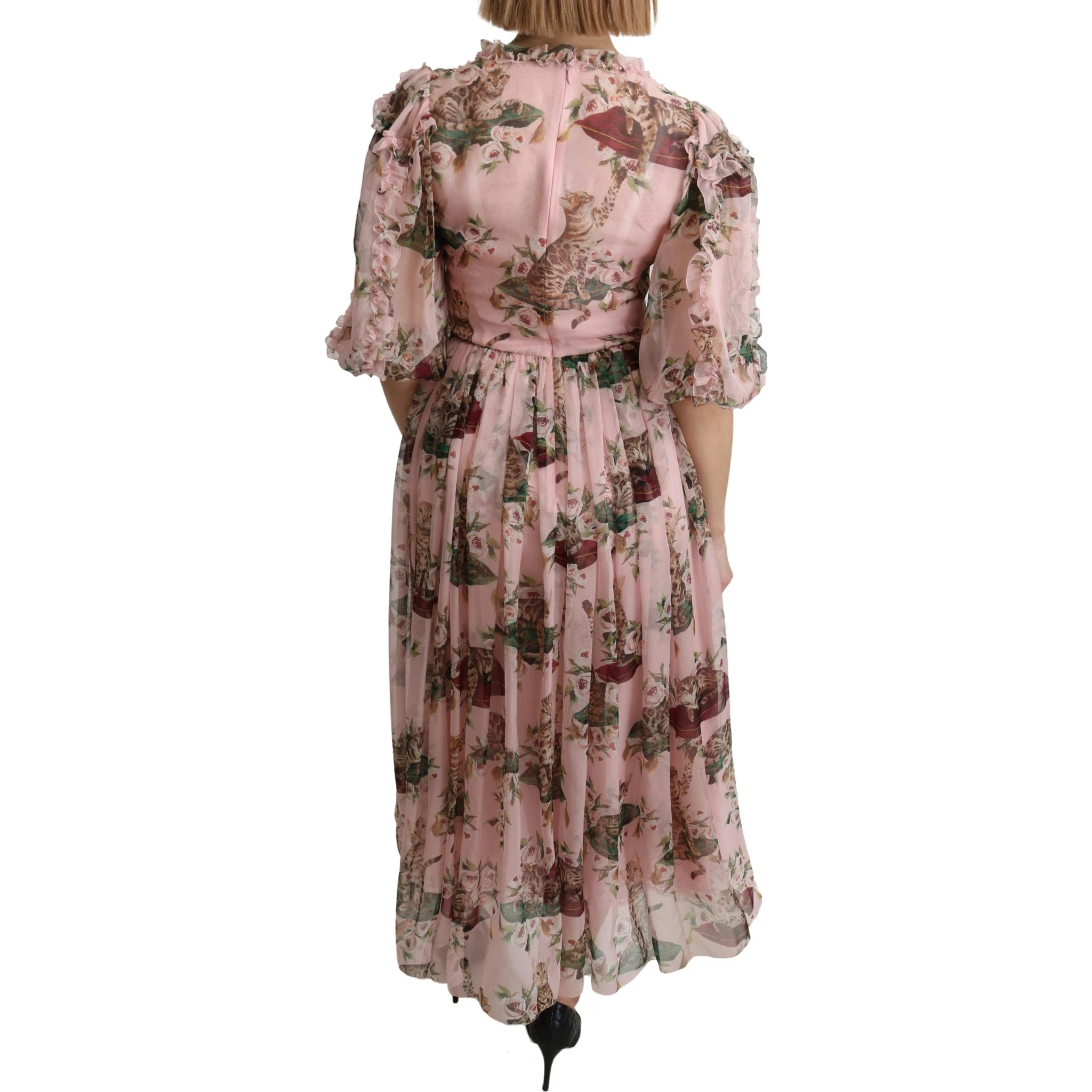 Pink Bengal Cat Print A-line Maxi Silk Dress