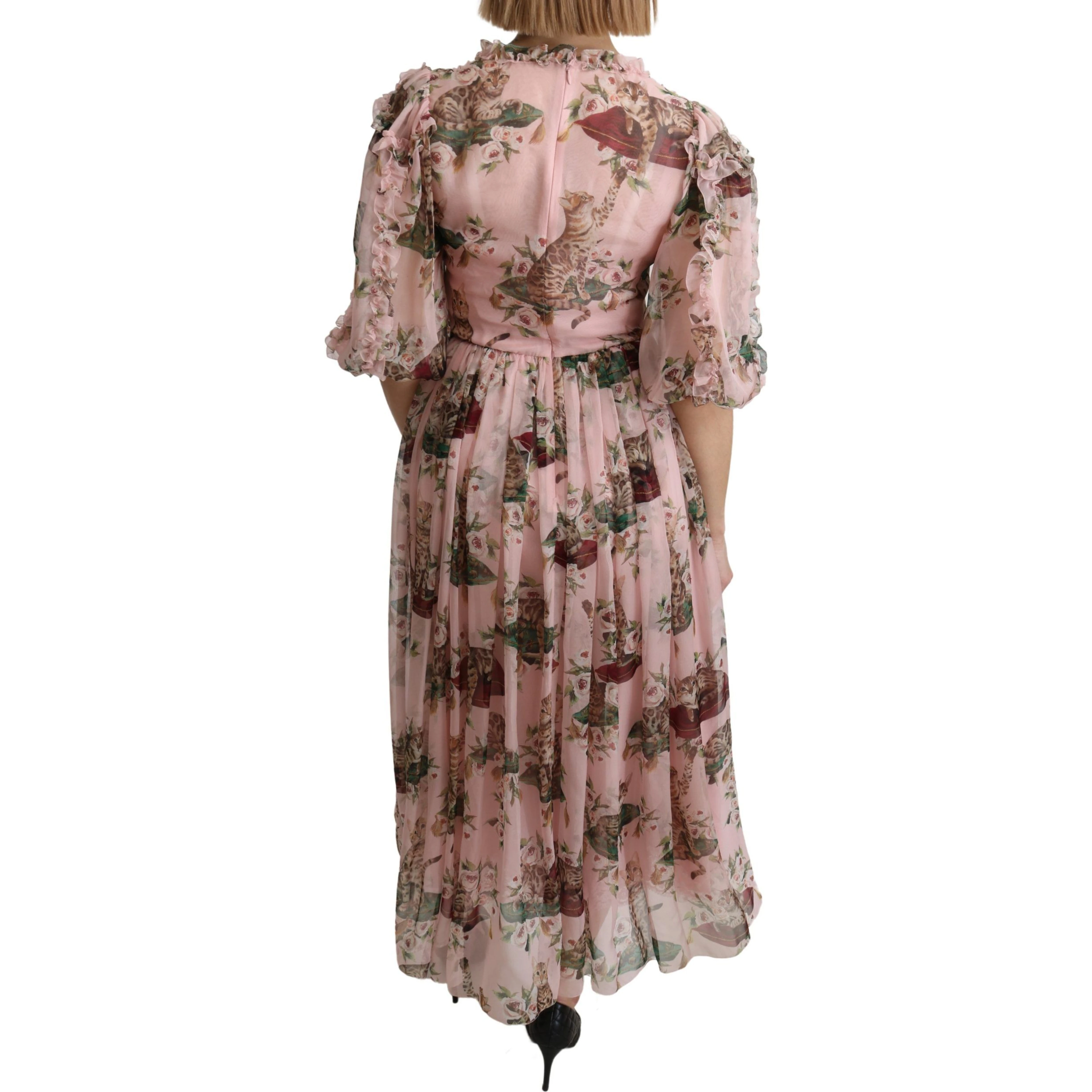 Pink Bengal Cat Print A-line Maxi Silk  Dress
