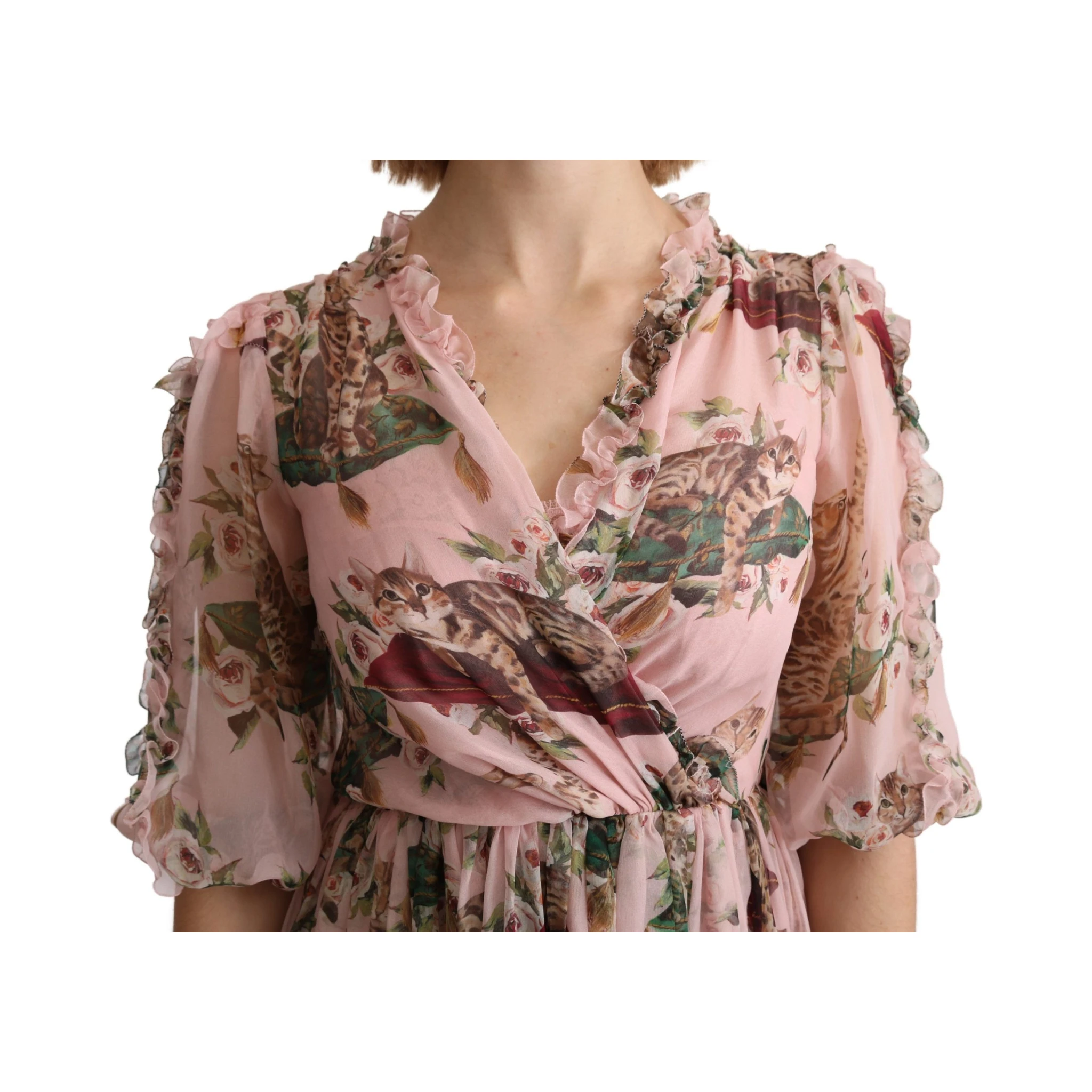 Pink Bengal Cat Print A-line Maxi Silk Dress