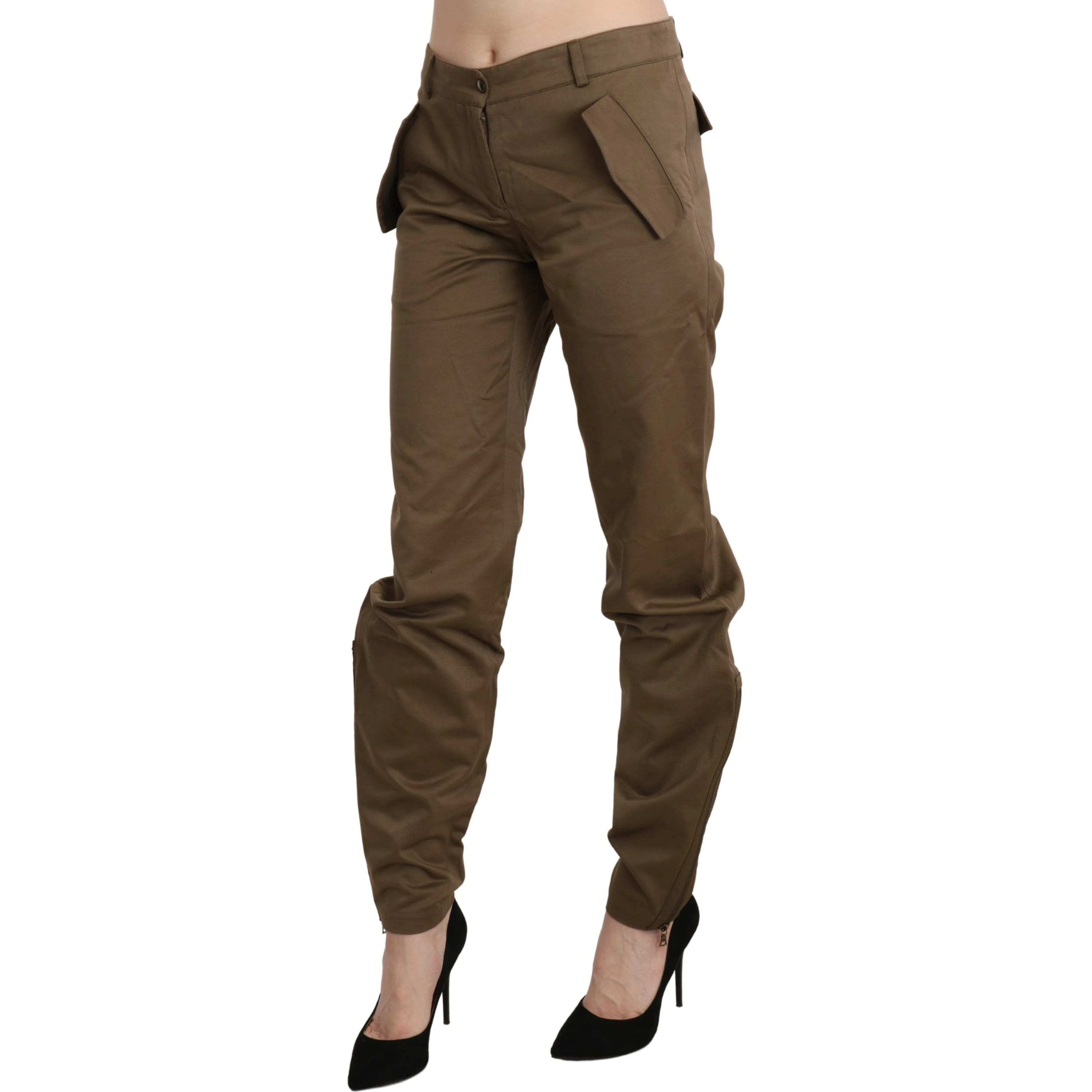 Brown Mid Waist Straight Cotton Pants