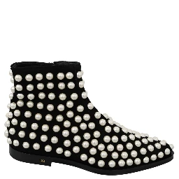 Black Suede Pearl Studs Boots Shoes