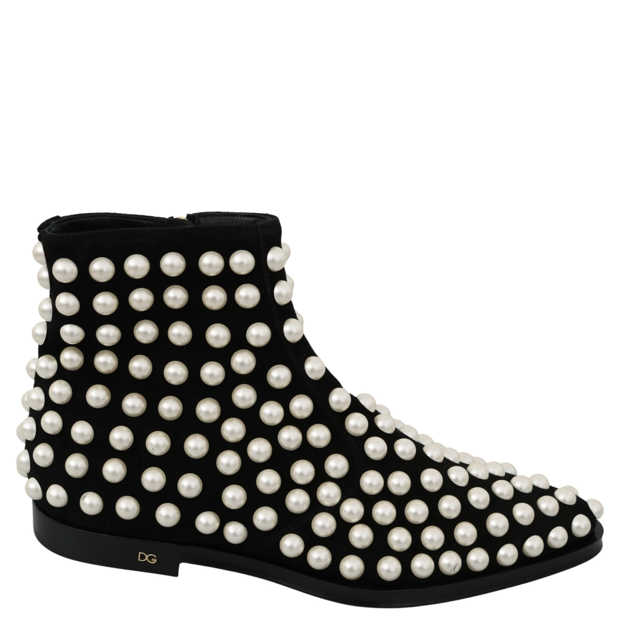 Black Suede Pearl Studs Boots Shoes