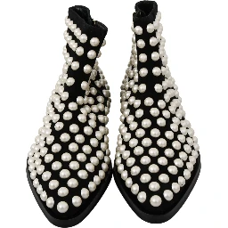 Black Suede Pearl Studs Boots Shoes
