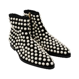 Black Suede Pearl Studs Boots Shoes