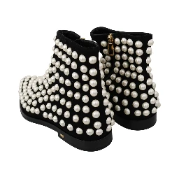Black Suede Pearl Studs Boots Shoes