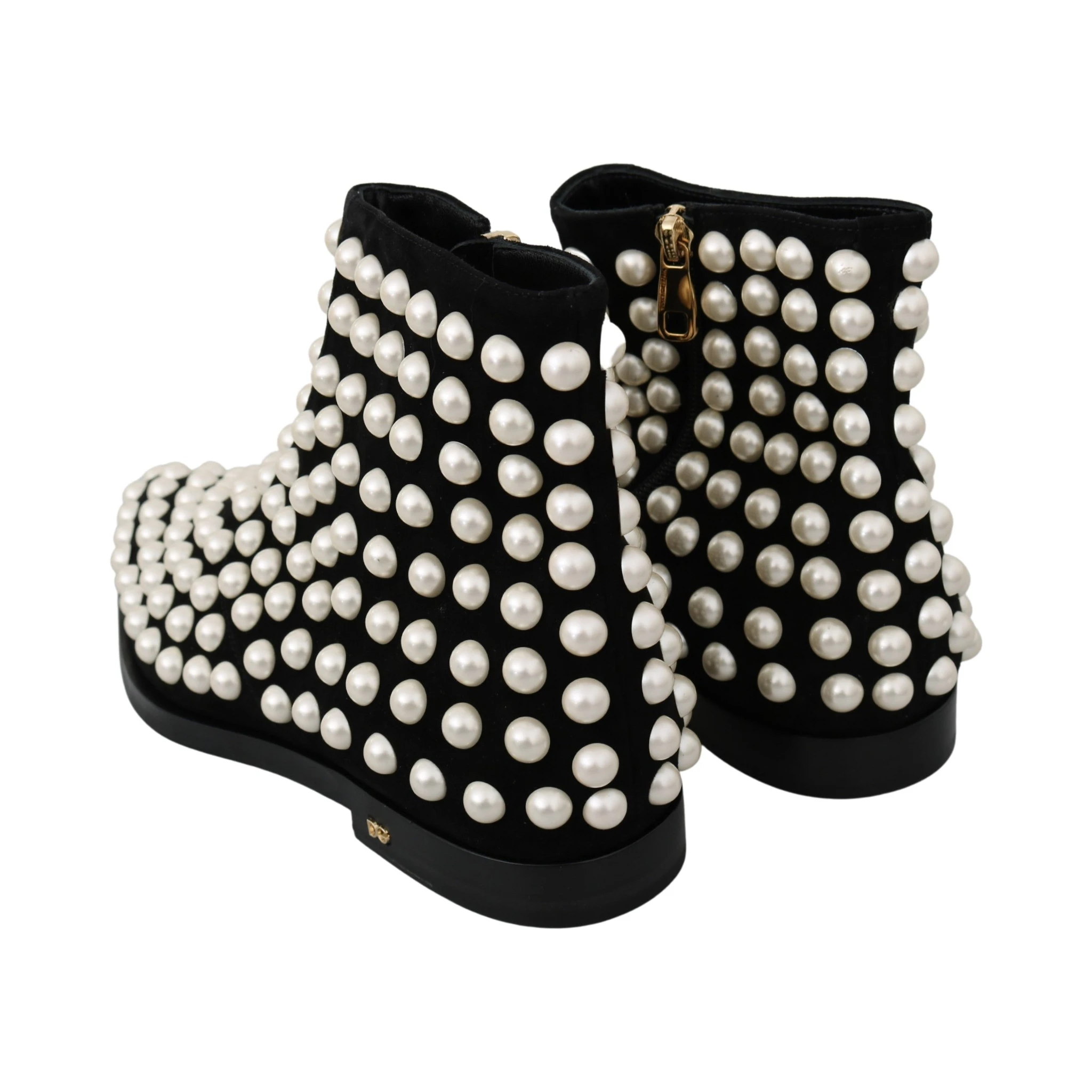 Black Suede Pearl Studs Boots Shoes