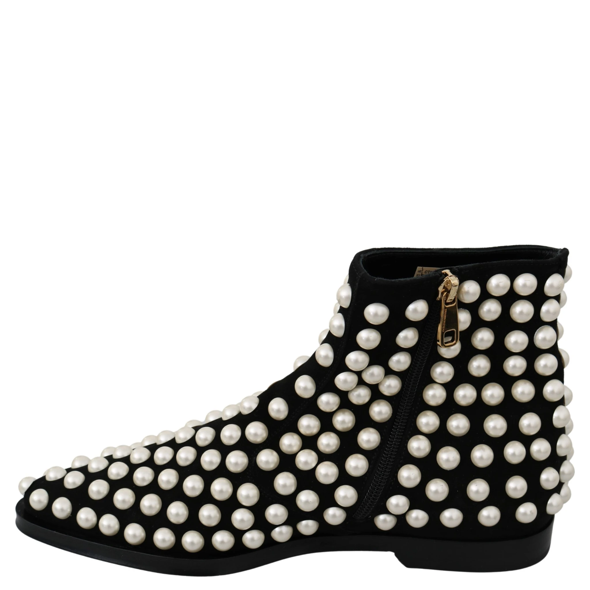 Black Suede Pearl Studs Boots Shoes