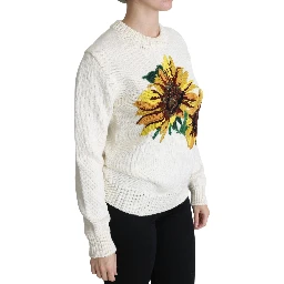 White Floral Wool Pullover Sunflower Sweater