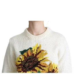 White Floral Wool Pullover Sunflower Sweater