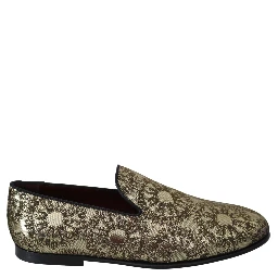 Gold Jacquard Flats Mens Loafers Shoes