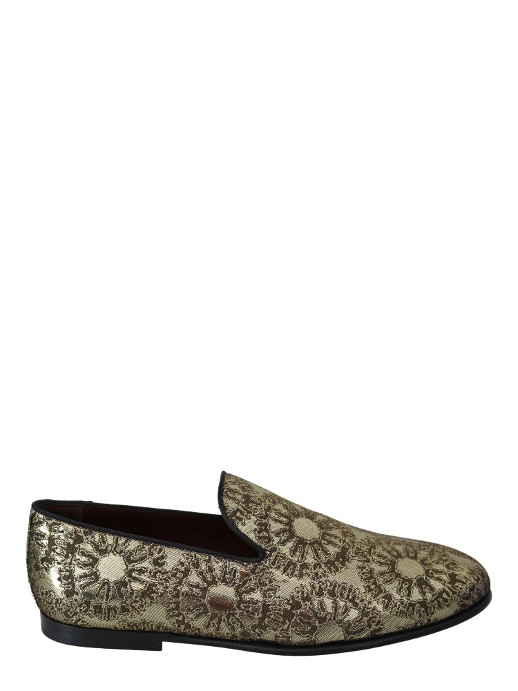 Gold Jacquard Flats Mens Loafers Shoes