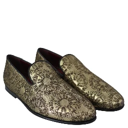 Gold Jacquard Flats Mens Loafers Shoes