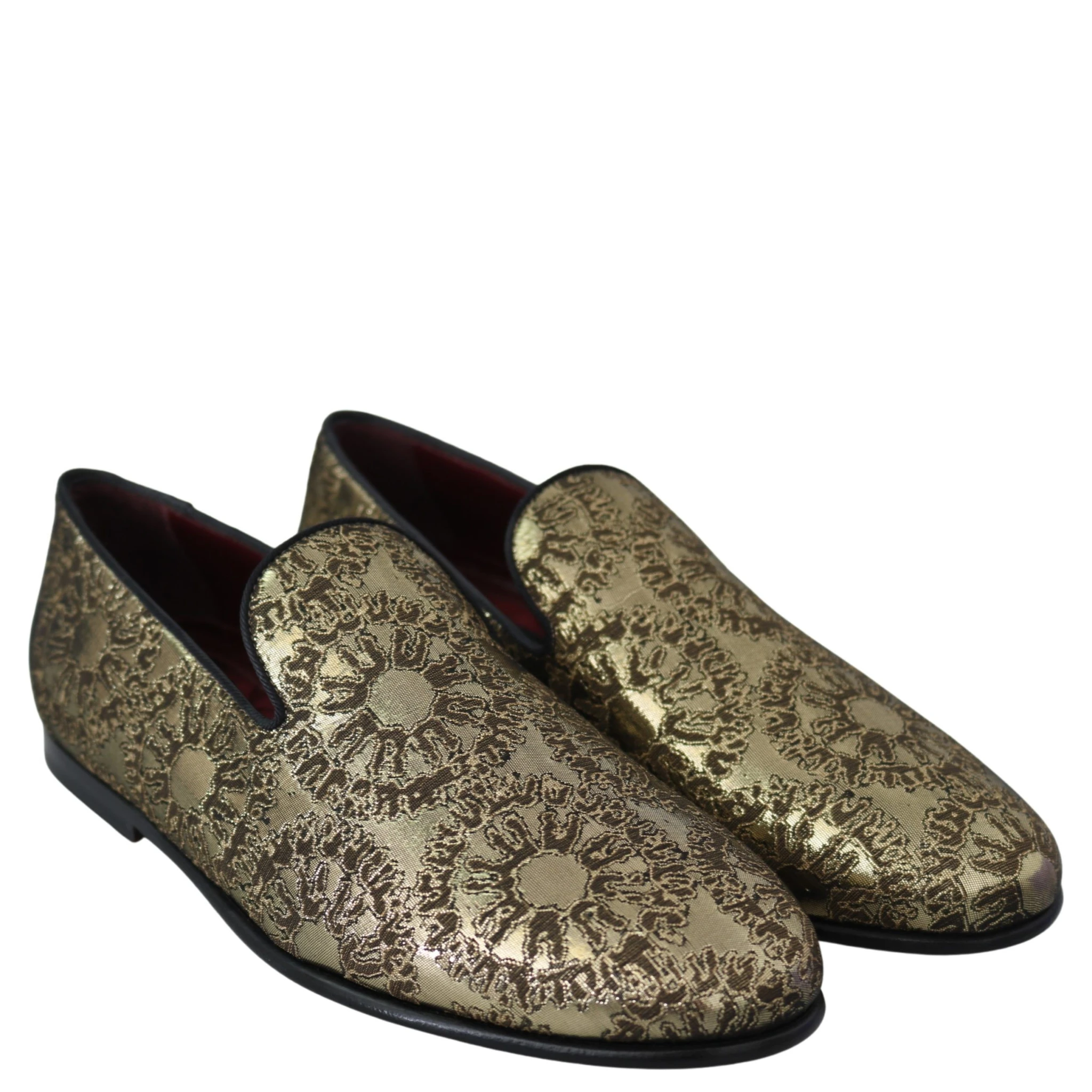 Gold Jacquard Flats Mens Loafers Shoes