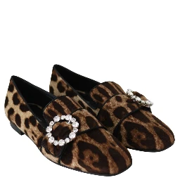 Brown Leopard Print Crystals Loafers Flats Shoes
