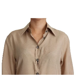 Beige Silk Shirt Decorative Buttons Top