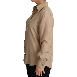 Beige Silk Shirt Decorative Buttons Top