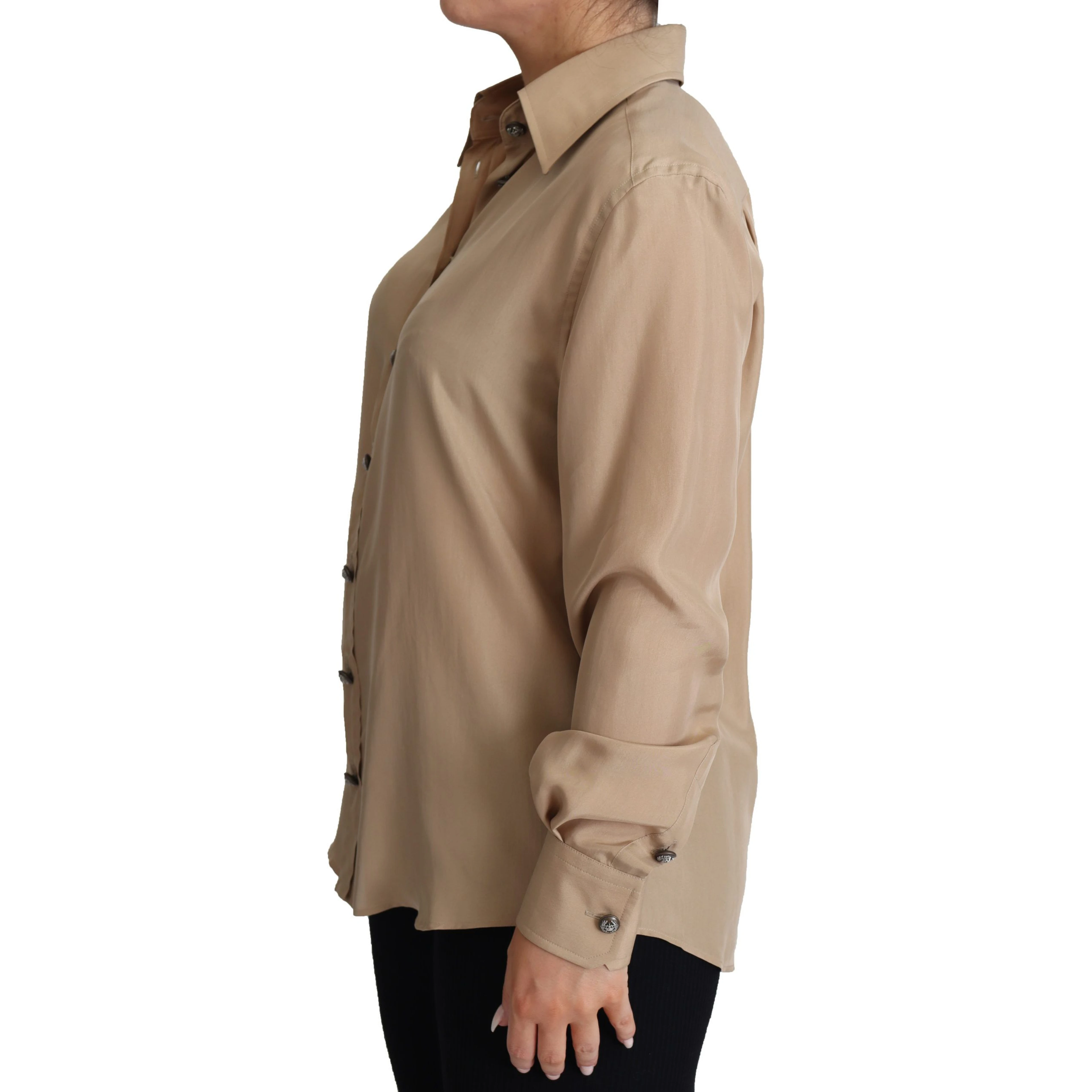 Beige Silk Shirt Decorative Buttons Top