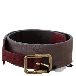 Brown Leather Wide Gold Chrome Logo Buckle Belt