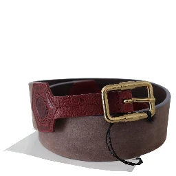 Brown Leather Wide Gold Chrome Logo Buckle Belt