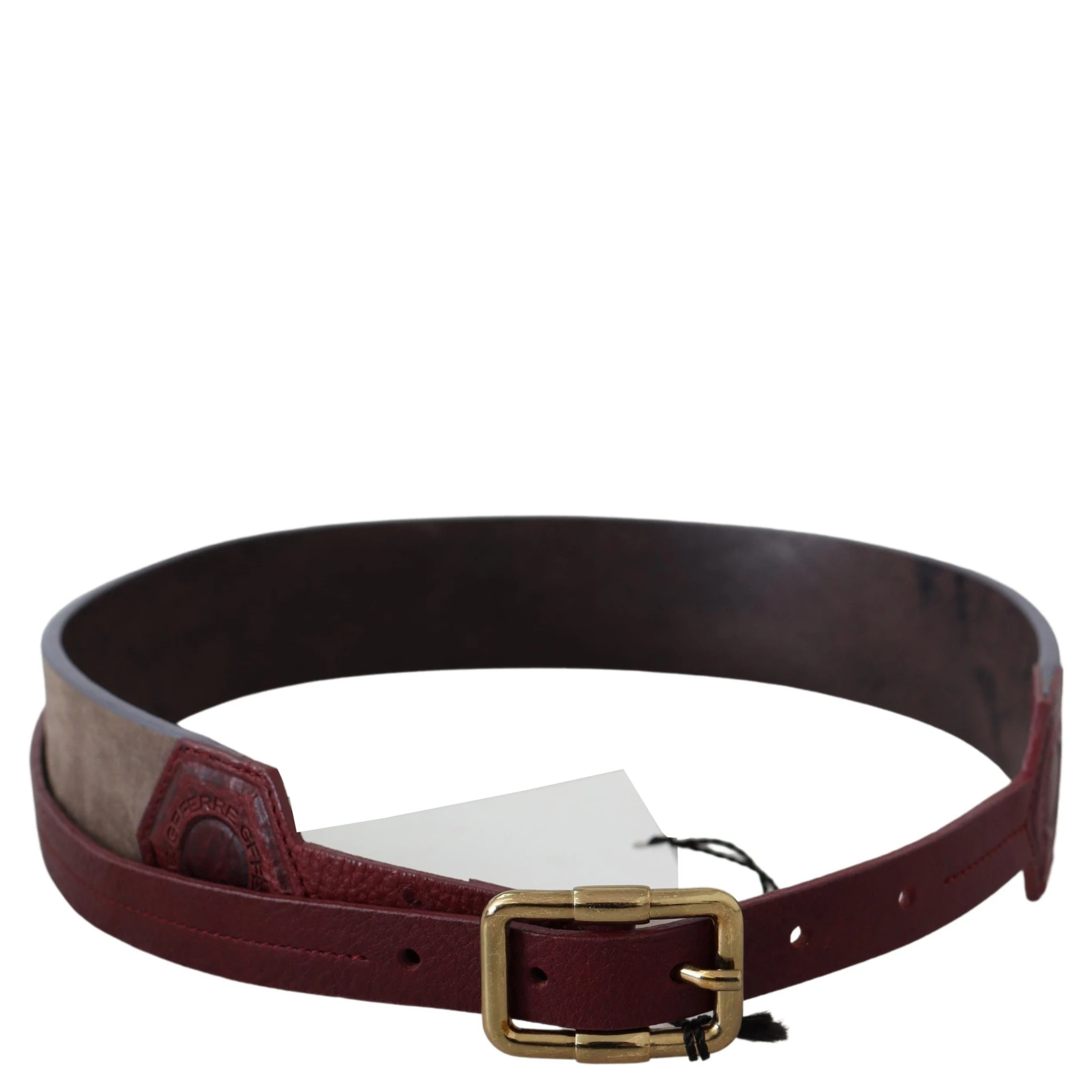 Brown Leather Wide Gold Chrome Logo Buckle Belt