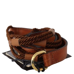 Brown Leather Braided Rope Gold Buckle  Belt