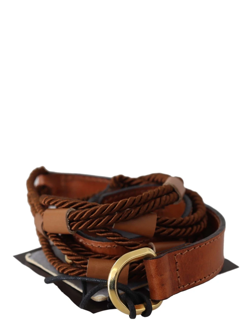 Brown Leather Braided Rope Gold Buckle  Belt