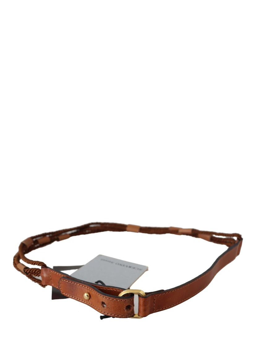 Brown Leather Braided Rope Gold Buckle  Belt