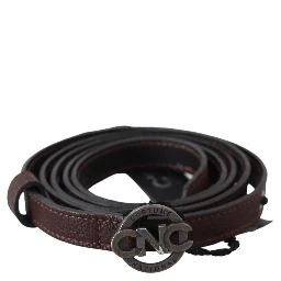 Brown Skinny Leather Round Logo Buckle Belt