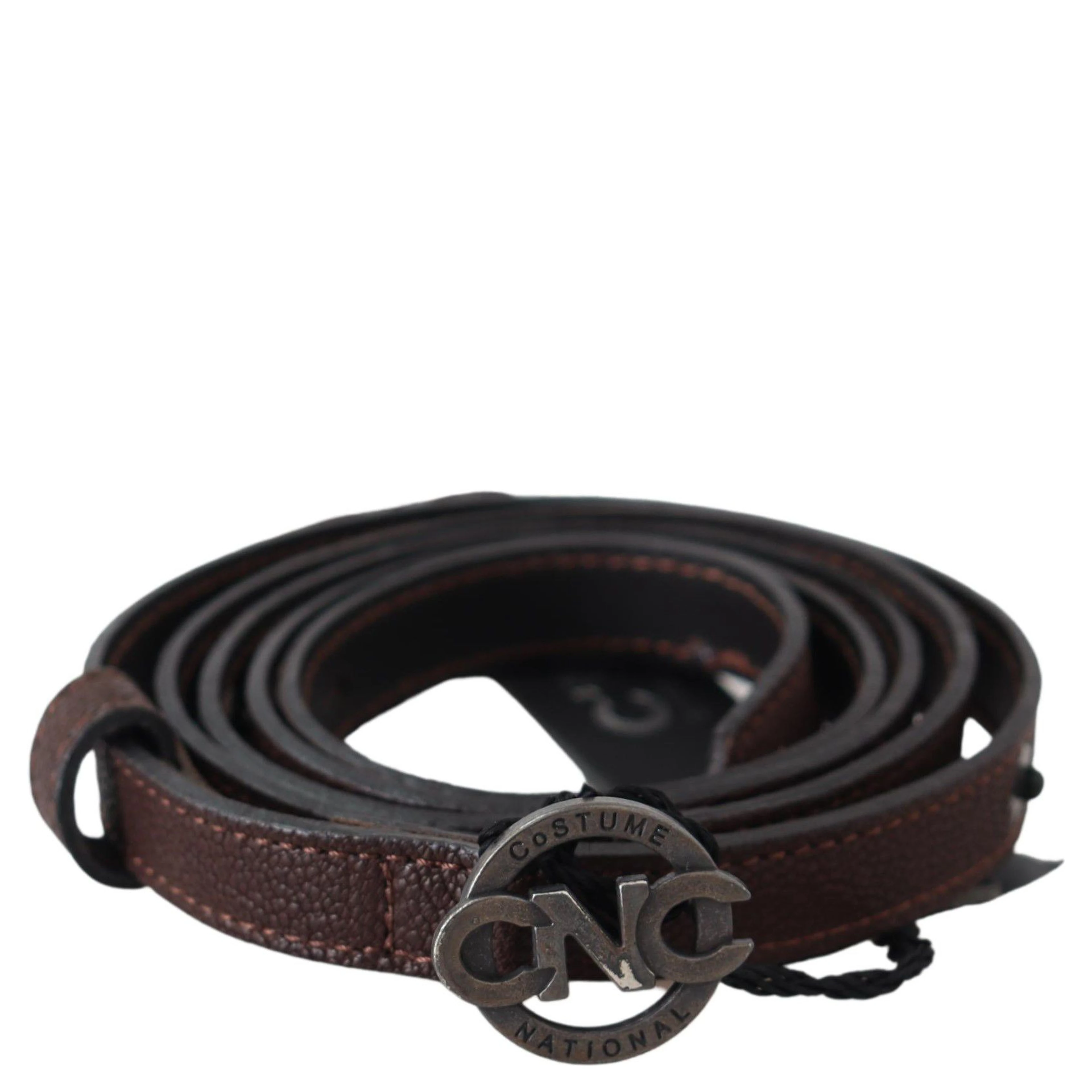 Brown Skinny Leather Round Logo Buckle Belt