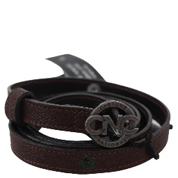 Brown Skinny Leather Round Logo Buckle Belt