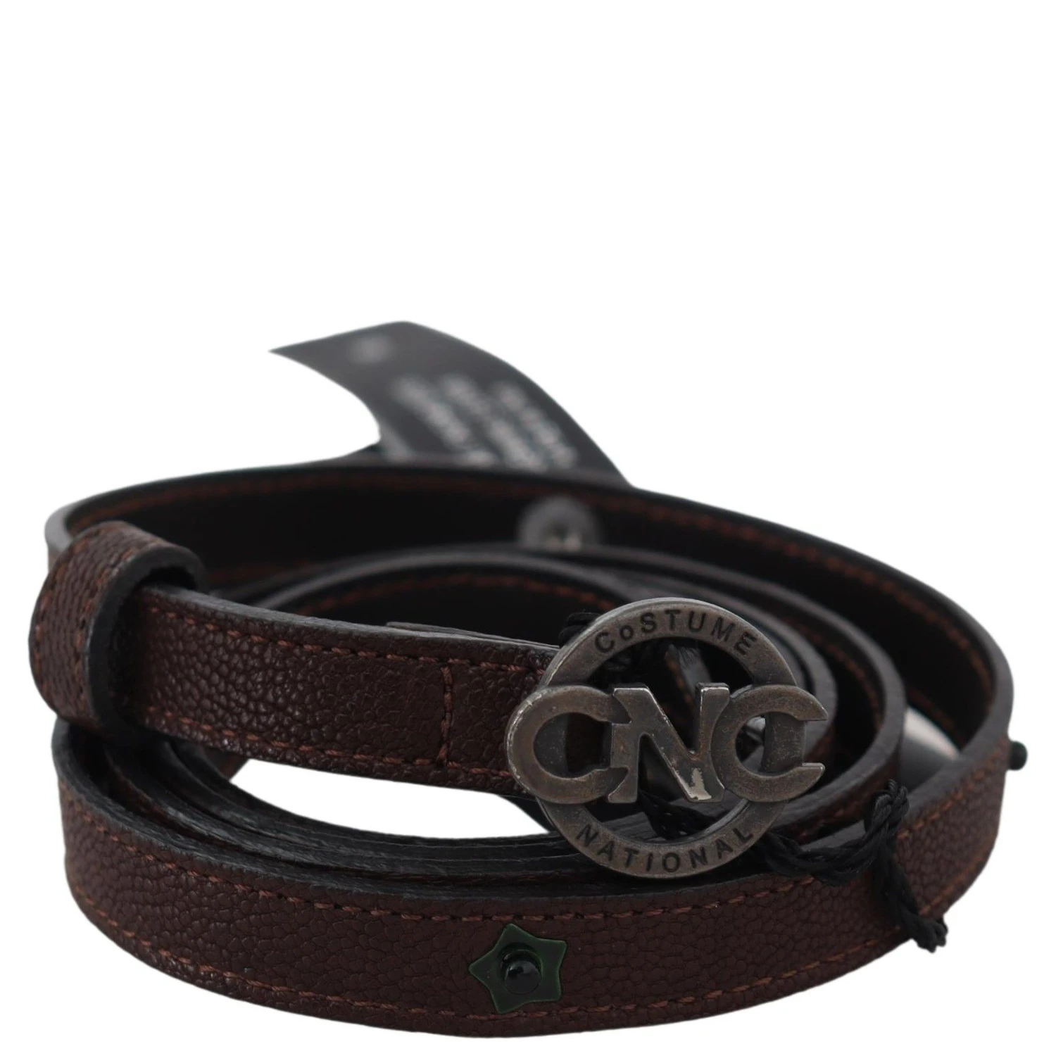 Brown Skinny Leather Round Logo Buckle Belt