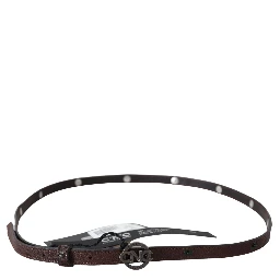 Brown Skinny Leather Round Logo Buckle Belt