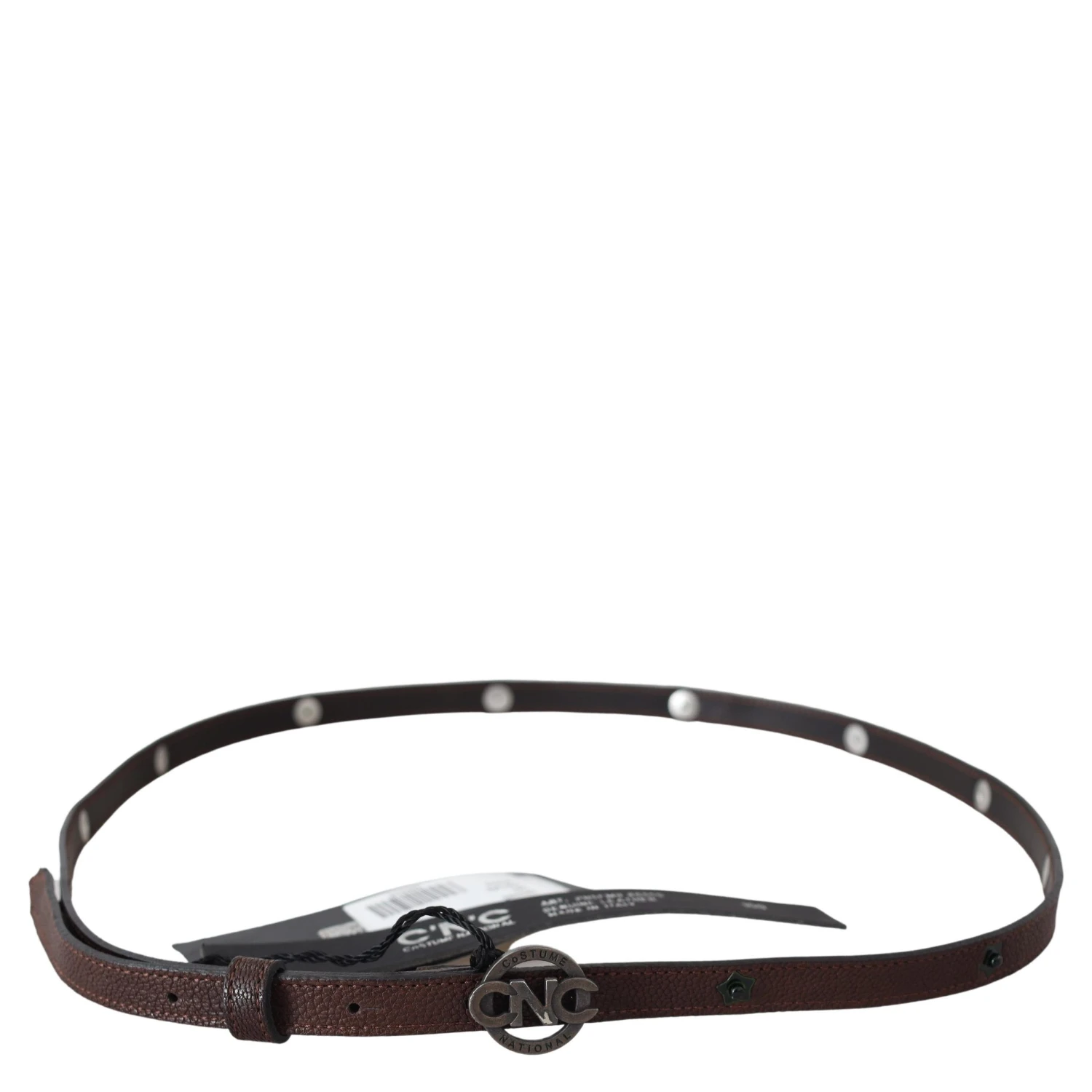 Brown Skinny Leather Round Logo Buckle Belt