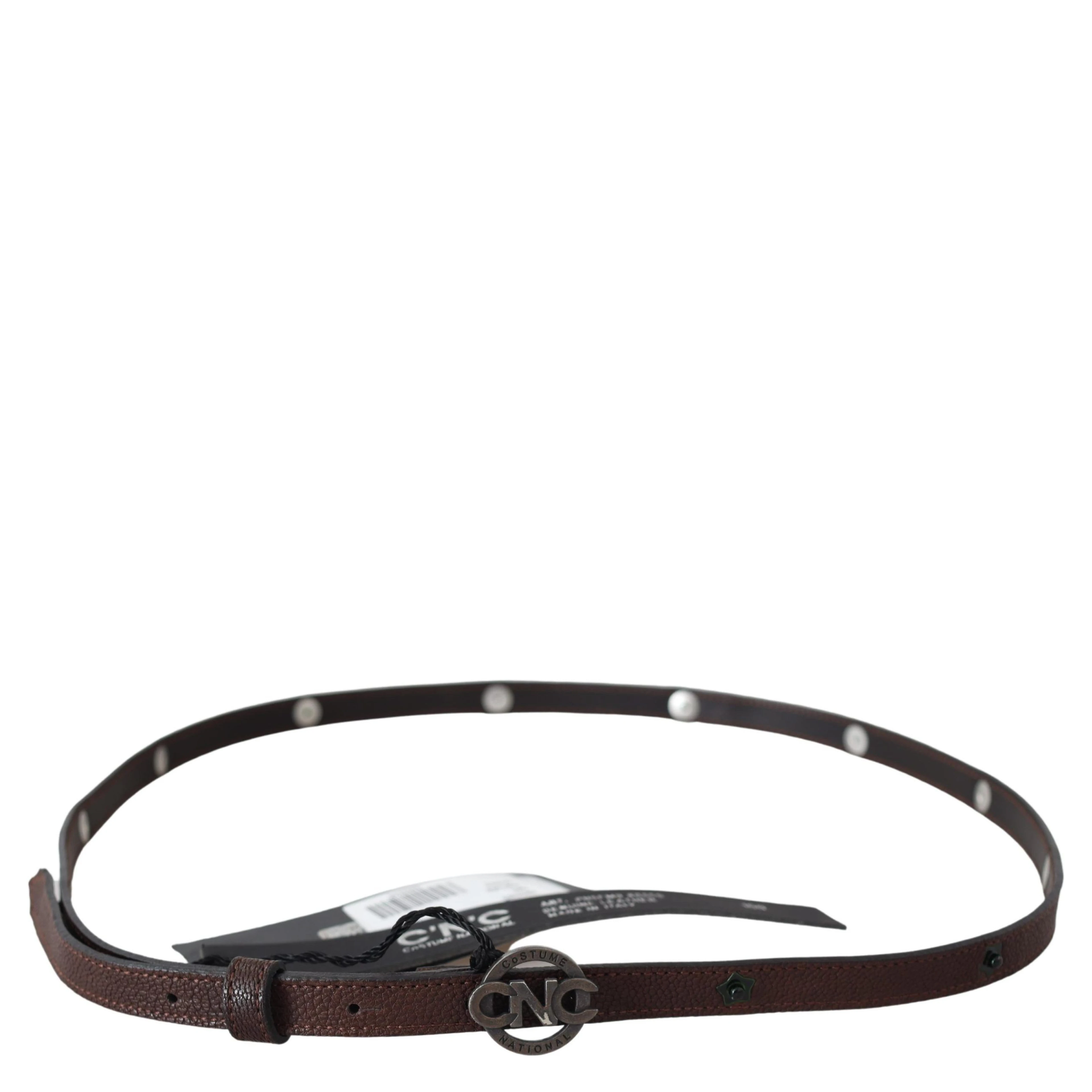Brown Skinny Leather Round Logo Buckle Belt