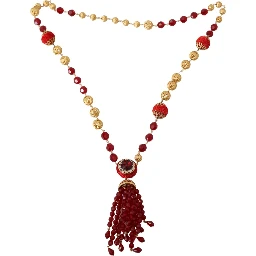Gold Tone Brass Red Crystals Pendant Opera Chain  Necklace