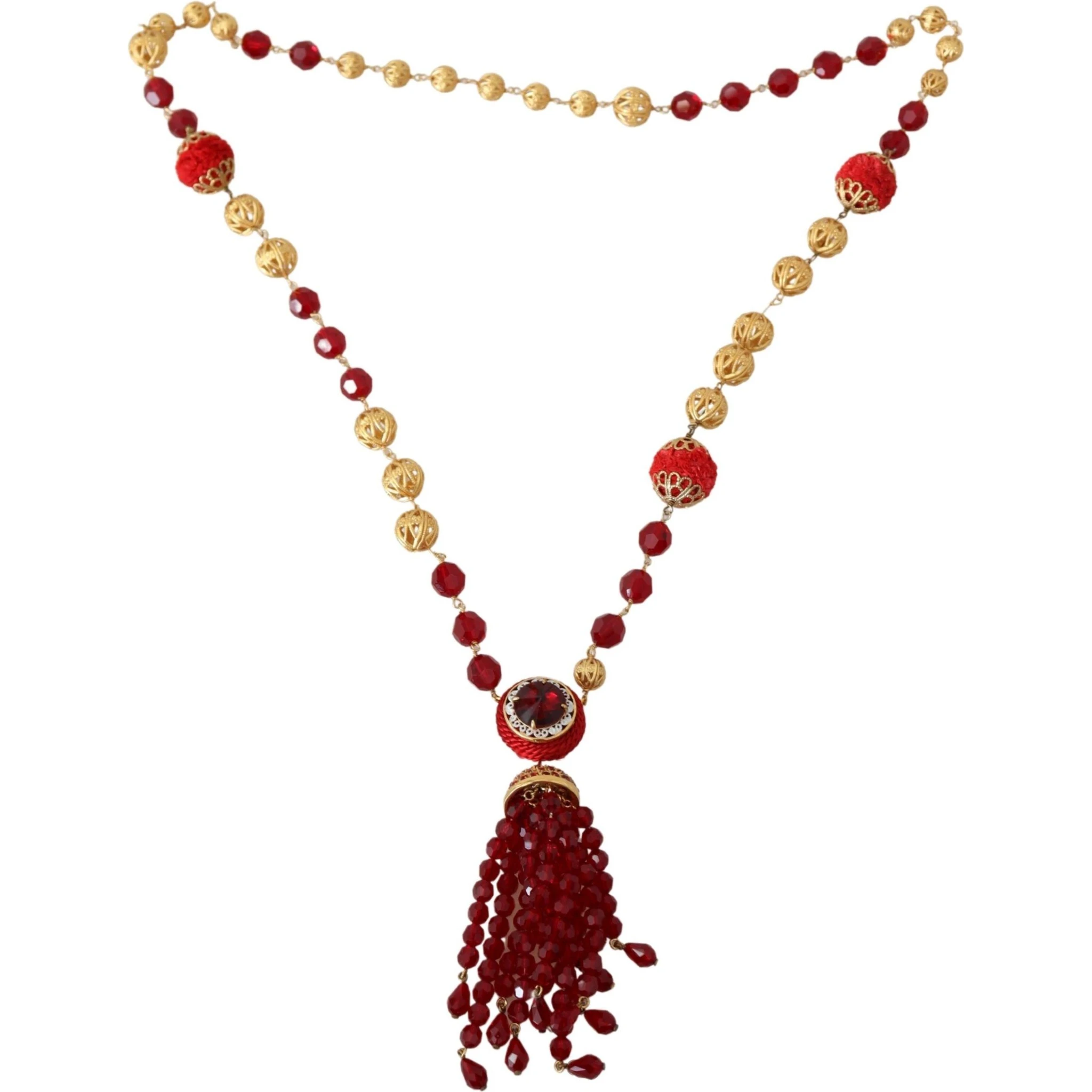 Gold Tone Brass Red Crystals Pendant Opera Chain  Necklace