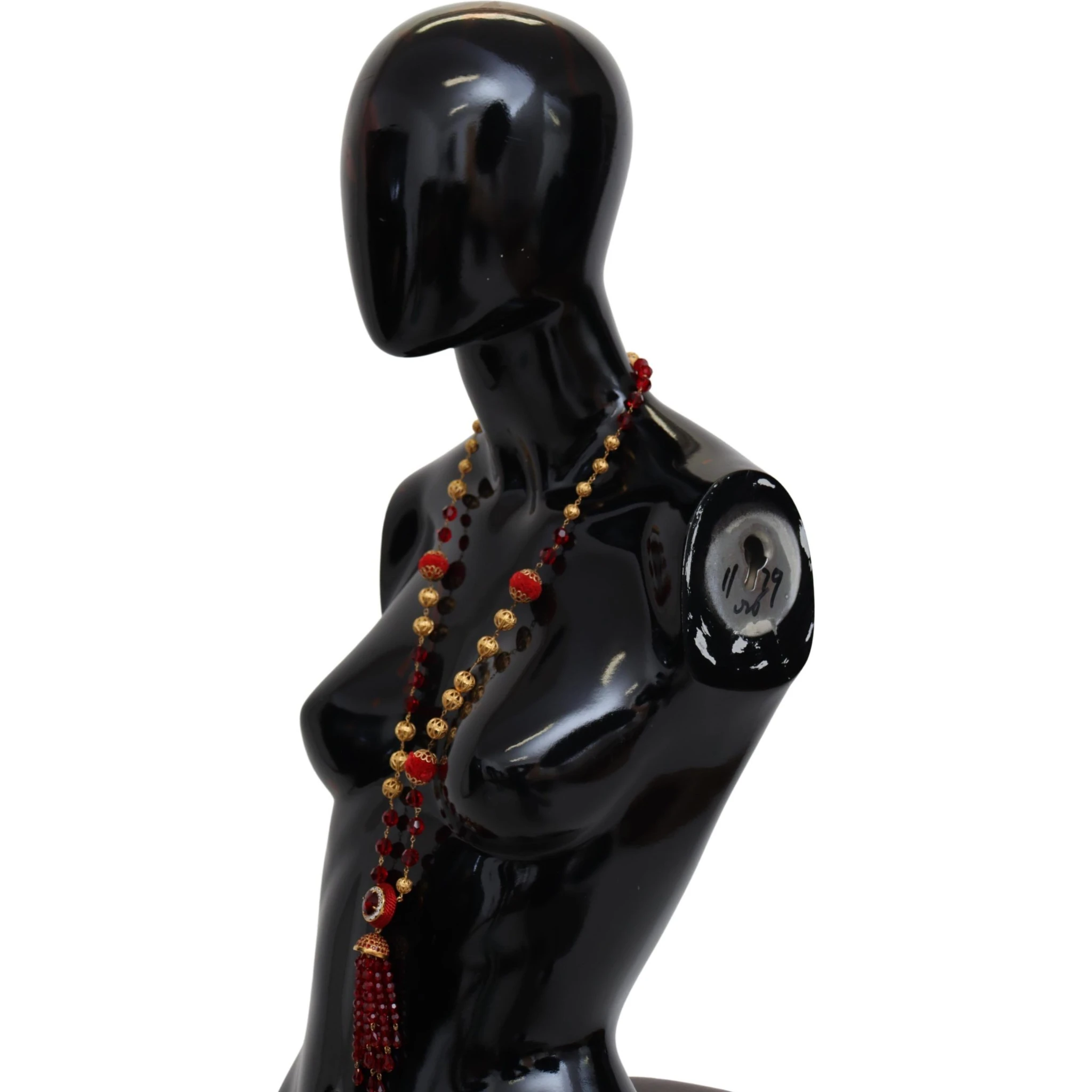 Gold Tone Brass Red Crystals Pendant Opera Chain  Necklace