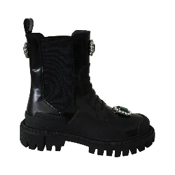 Black Leather Crystal Combat Boots