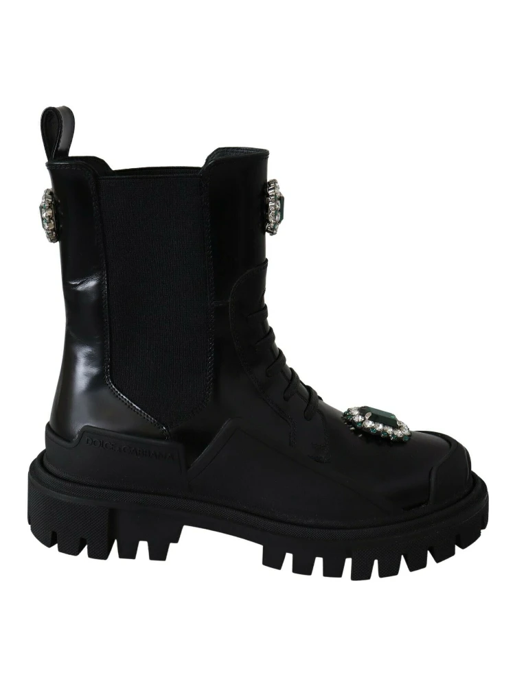 Black Leather Crystal Combat Boots