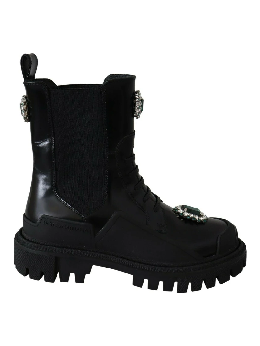 Black Leather Crystal Combat Boots