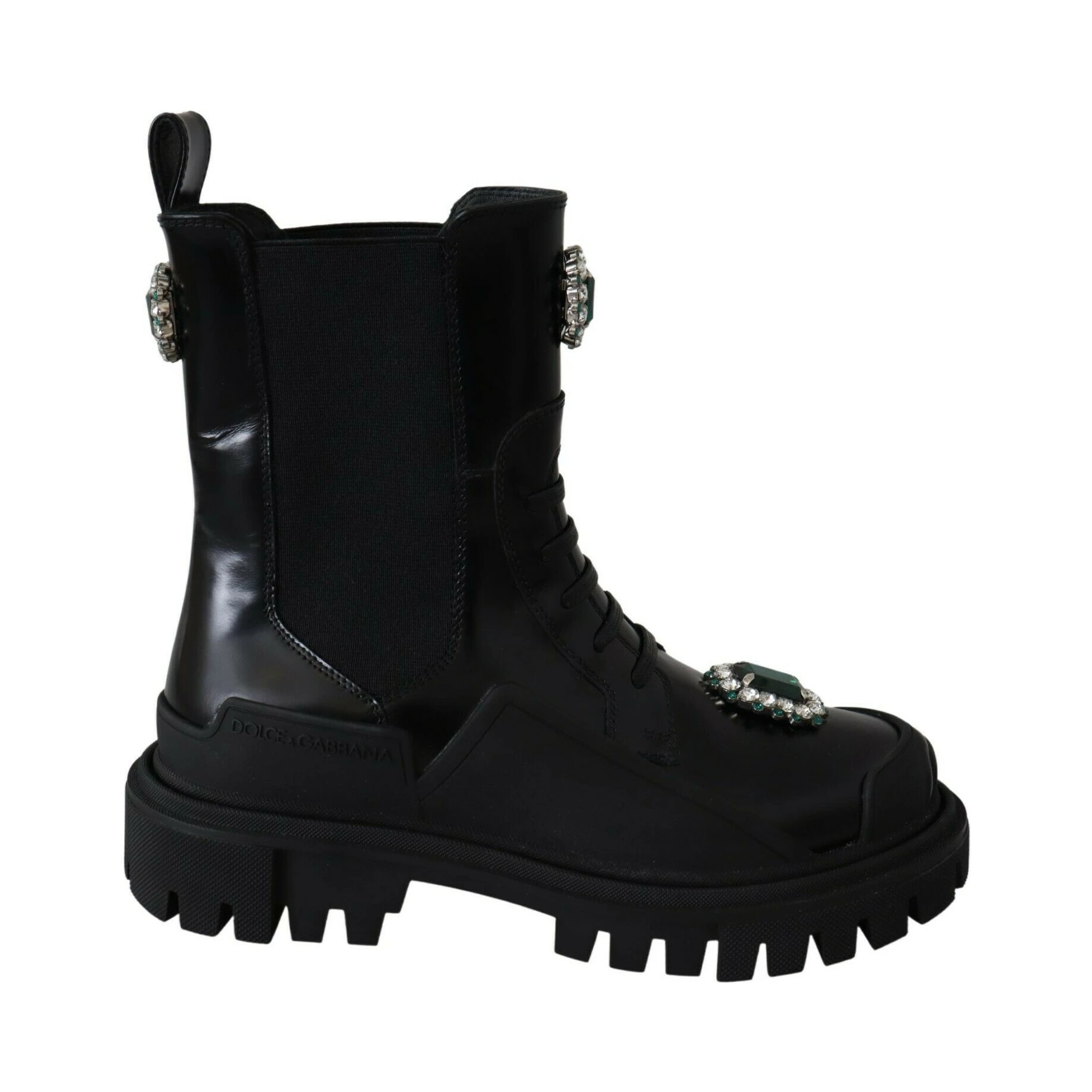 Black Leather Crystal Combat Boots